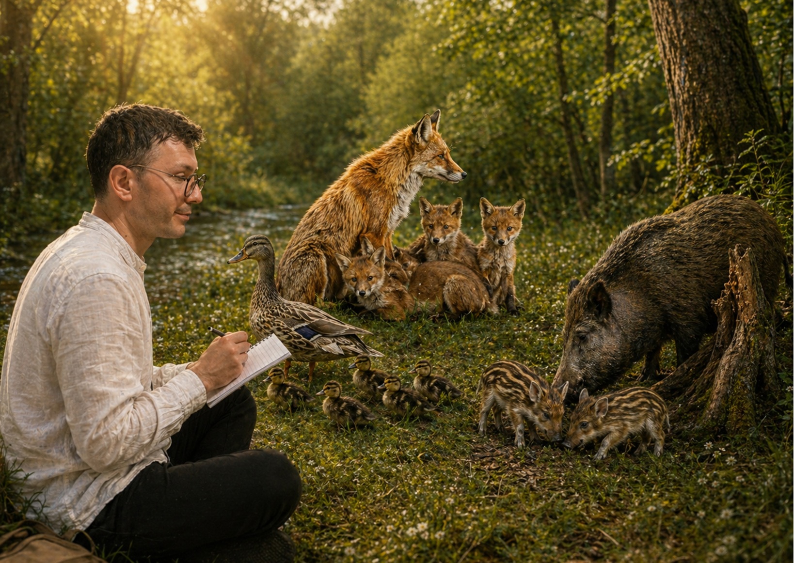 Evgenij Unker mit Block und Stift im Wald, umgeben von mehreren Tiergruppen: von Enten, Schweinen und Füchen. KI-generiert.
